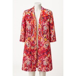 Chicos Duster Cardigan‎ Size M Floral Print Red Purple 3/4 Sleeve Open Front